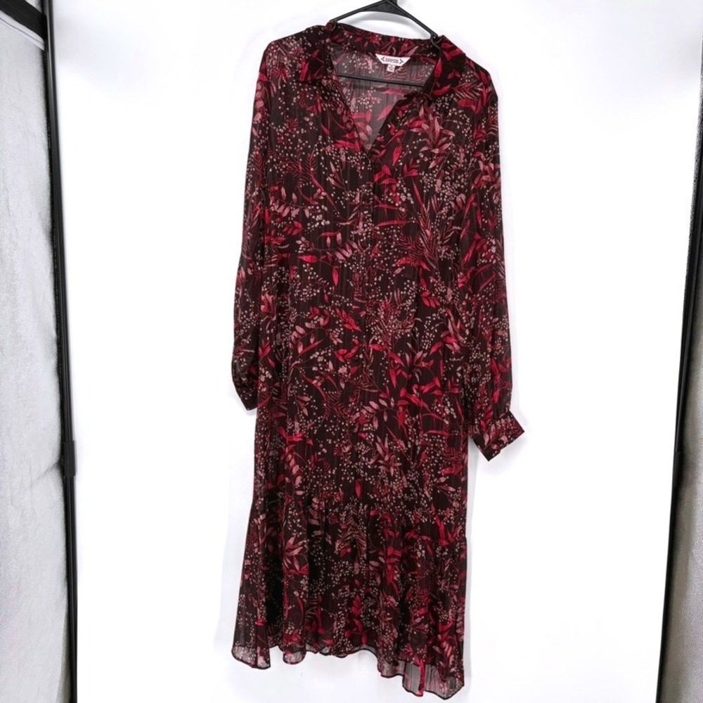 Nanette Lepore Dress‎ Womens 14 Pink Burgundy Floral Metallic Stripe Midi Tiered